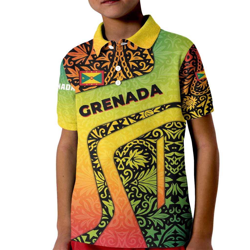 Grenada Tribal Floral Pattern Kid Polo Shirt with Rasta Gradient and Flame Motto Design - Wonder Print Shop