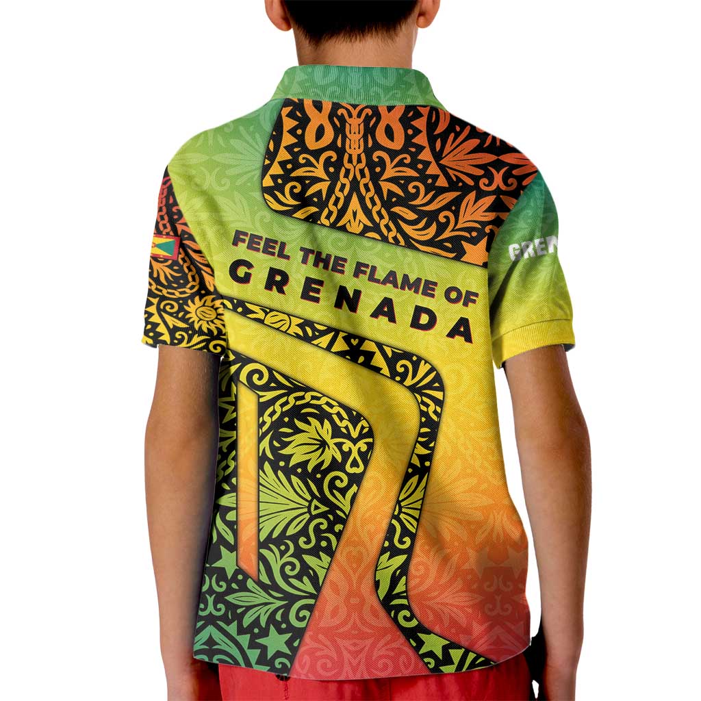 Grenada Tribal Floral Pattern Kid Polo Shirt with Rasta Gradient and Flame Motto Design - Wonder Print Shop