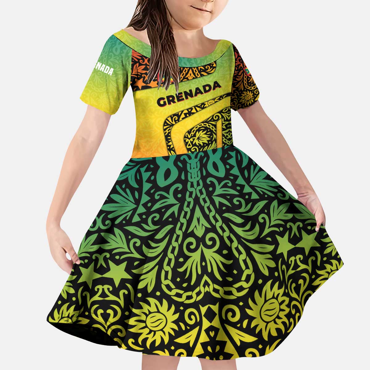 Grenada Tribal Floral Pattern Kid Short Sleeve Dress with Rasta Gradient and Flame Motto Design - Wonder Print Shop