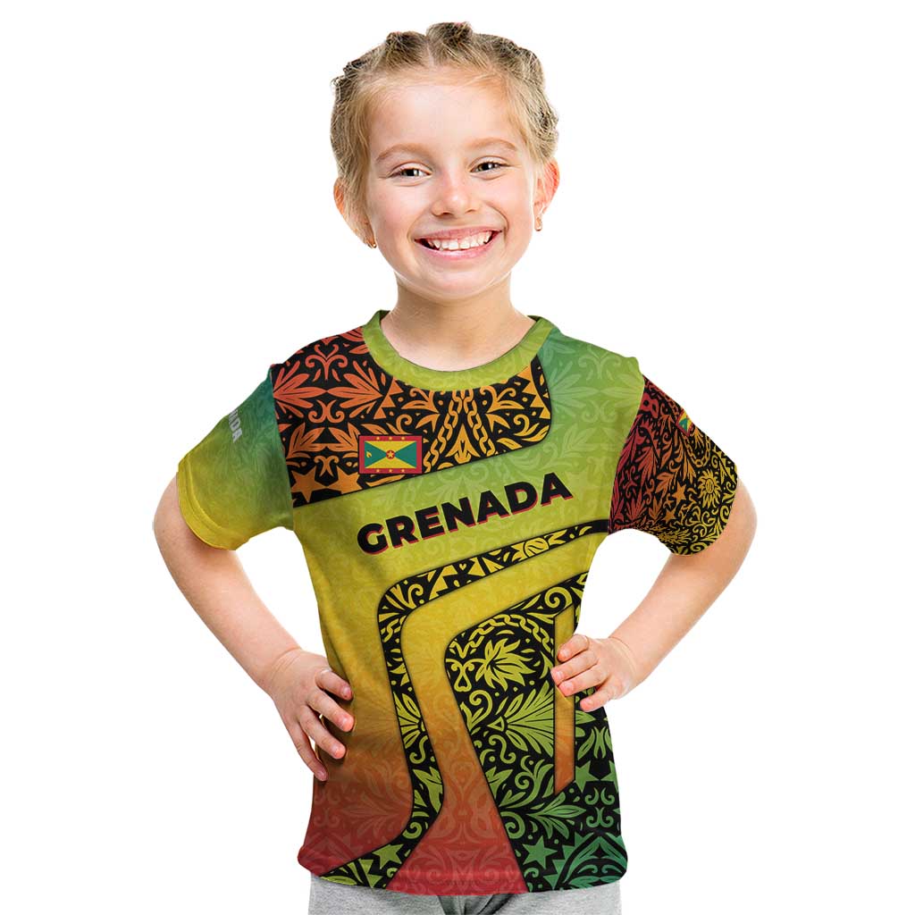 Grenada Tribal Floral Pattern Kid T Shirt with Rasta Gradient and Flame Motto Design - Wonder Print Shop