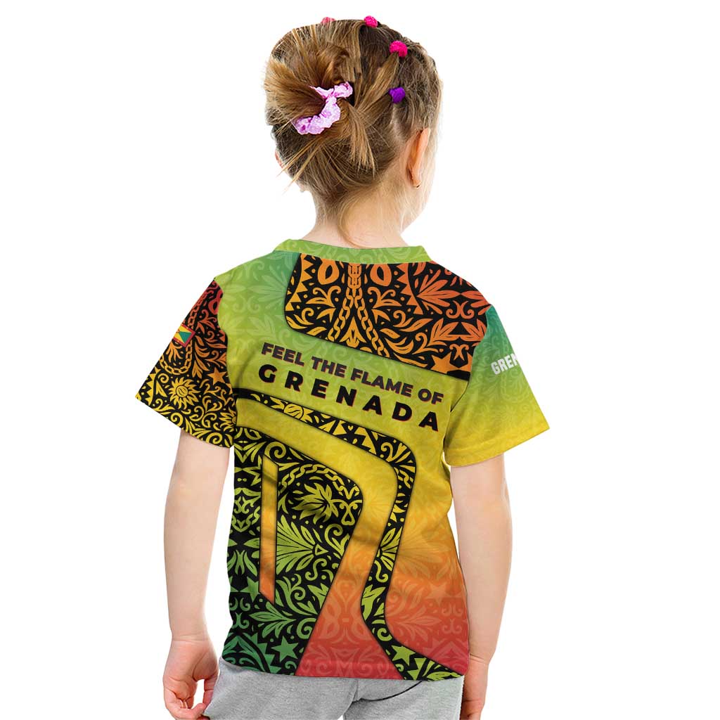 Grenada Tribal Floral Pattern Kid T Shirt with Rasta Gradient and Flame Motto Design - Wonder Print Shop