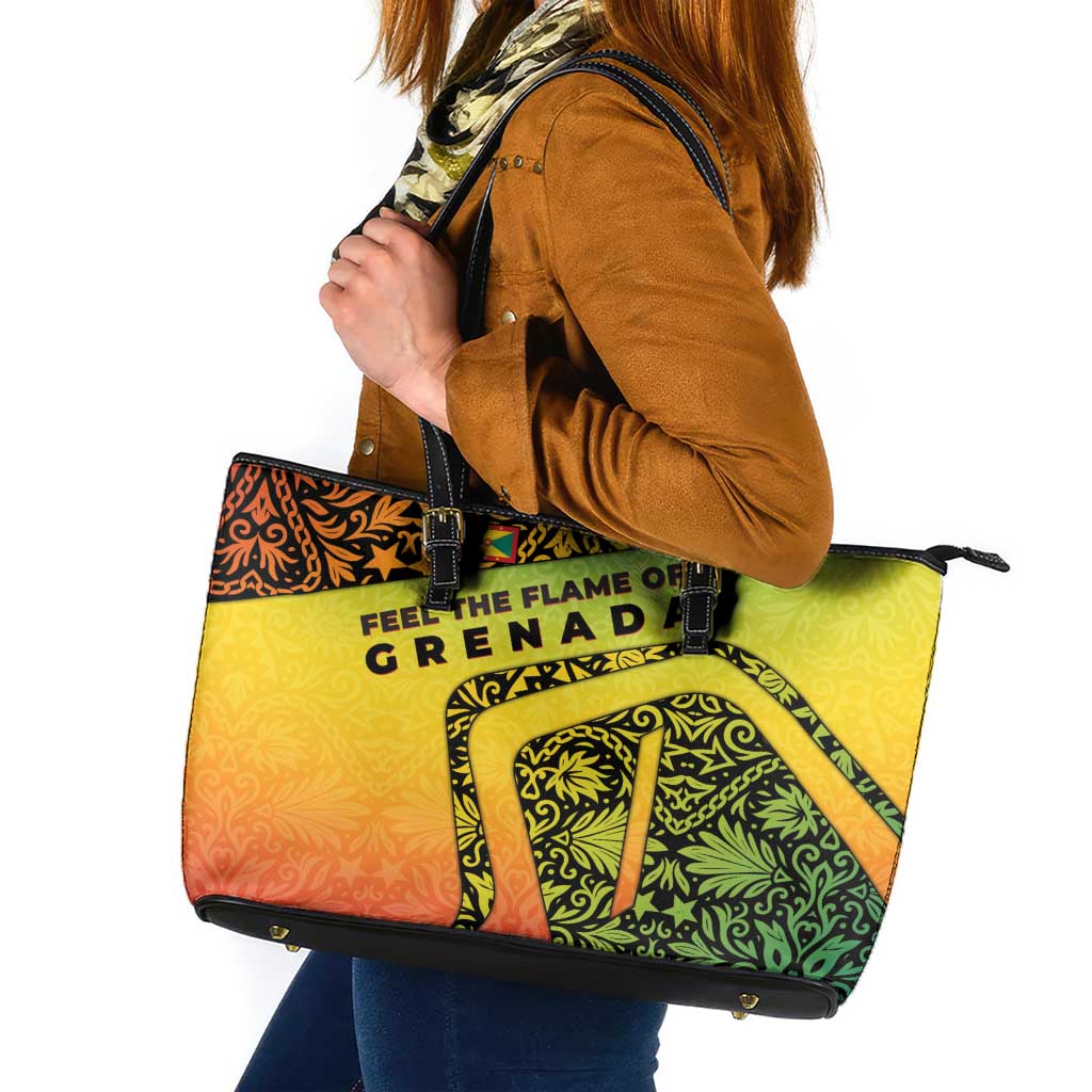 Grenada Tribal Floral Pattern Leather Tote Bag with Rasta Gradient and Flame Motto Design - Wonder Print Shop