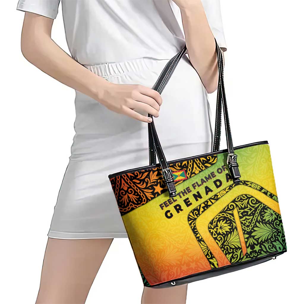 Grenada Tribal Floral Pattern Leather Tote Bag with Rasta Gradient and Flame Motto Design - Wonder Print Shop