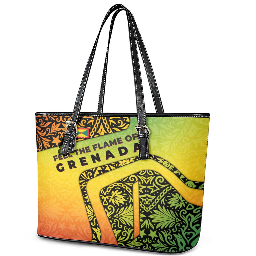 Grenada Tribal Floral Pattern Leather Tote Bag with Rasta Gradient and Flame Motto Design - Wonder Print Shop
