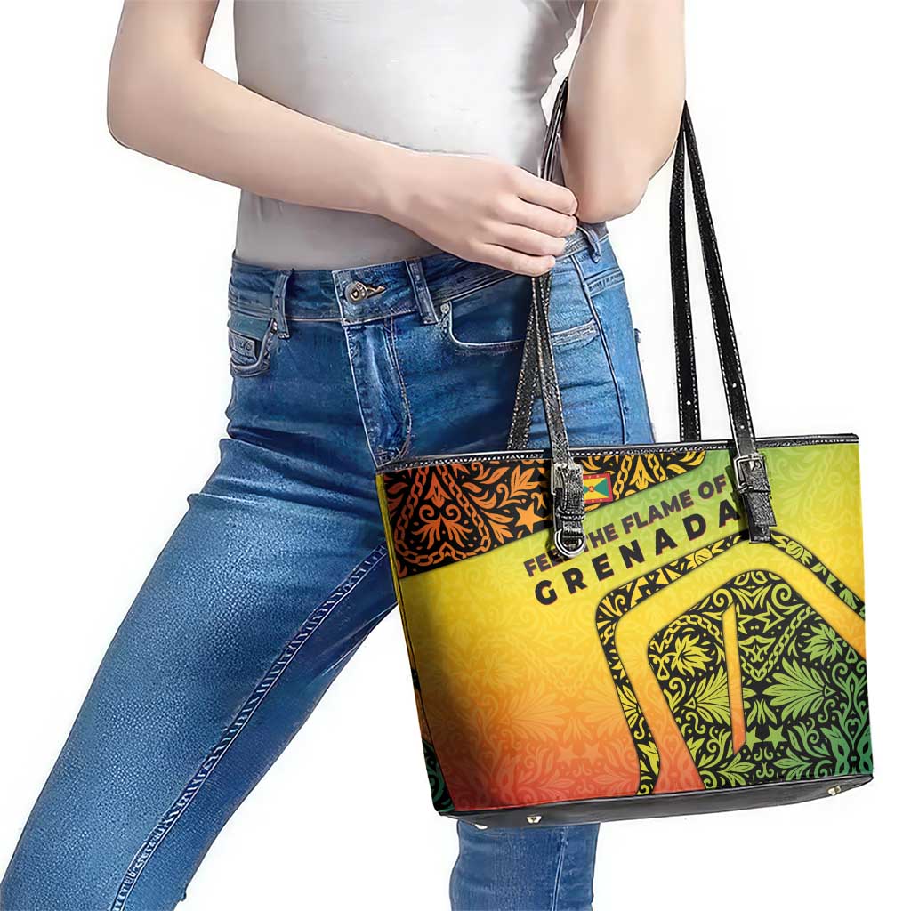 Grenada Tribal Floral Pattern Leather Tote Bag with Rasta Gradient and Flame Motto Design - Wonder Print Shop