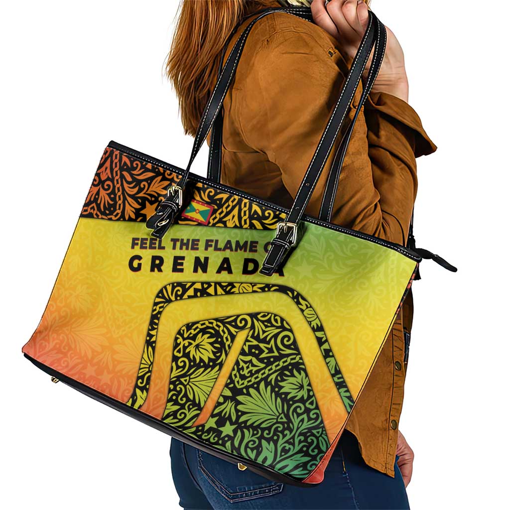 Grenada Tribal Floral Pattern Leather Tote Bag with Rasta Gradient and Flame Motto Design - Wonder Print Shop