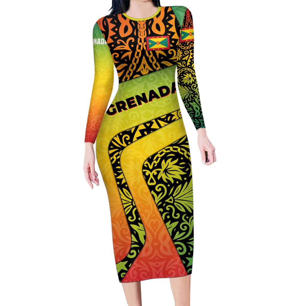 Grenada Tribal Floral Pattern Long Sleeve Bodycon Dress with Rasta Gradient and Flame Motto Design - Wonder Print Shop