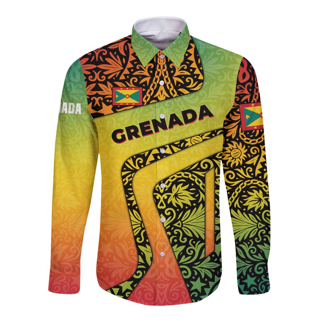Grenada Tribal Floral Pattern Long Sleeve Button Shirt with Rasta Gradient and Flame Motto Design - Wonder Print Shop