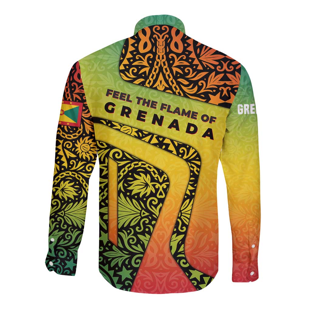 Grenada Tribal Floral Pattern Long Sleeve Button Shirt with Rasta Gradient and Flame Motto Design - Wonder Print Shop