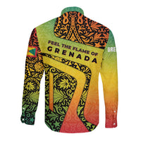Grenada Tribal Floral Pattern Long Sleeve Button Shirt with Rasta Gradient and Flame Motto Design - Wonder Print Shop