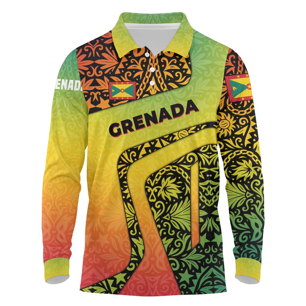 Grenada Tribal Floral Pattern Long Sleeve Polo Shirt with Rasta Gradient and Flame Motto Design - Wonder Print Shop