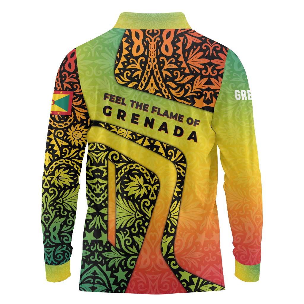 Grenada Tribal Floral Pattern Long Sleeve Polo Shirt with Rasta Gradient and Flame Motto Design - Wonder Print Shop