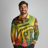 Grenada Tribal Floral Pattern Long Sleeve Polo Shirt with Rasta Gradient and Flame Motto Design - Wonder Print Shop