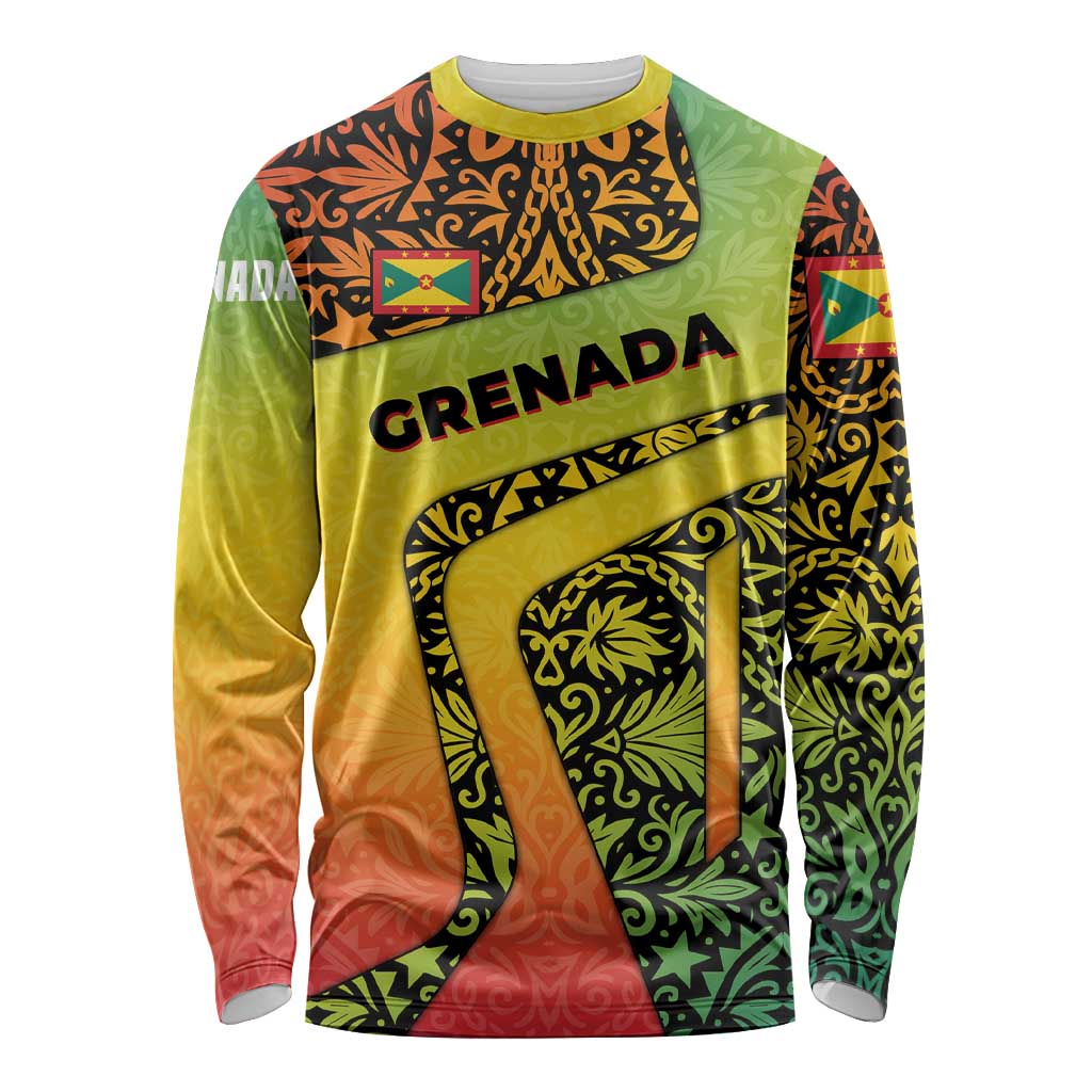 Grenada Tribal Floral Pattern Long Sleeve Shirt with Rasta Gradient and Flame Motto Design - Wonder Print Shop