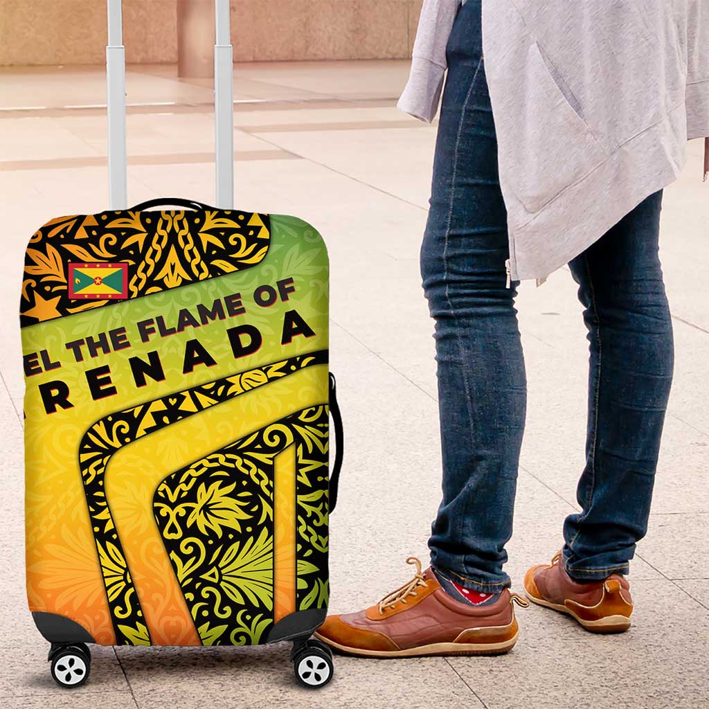 Grenada Tribal Floral Pattern Luggage Cover with Rasta Gradient and Flame Motto Design - Wonder Print Shop