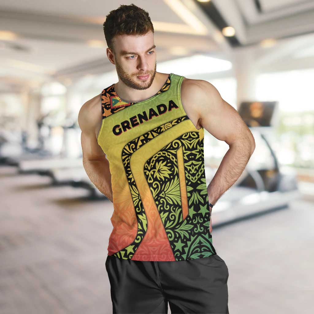 Grenada Tribal Floral Pattern Men Tank Top with Rasta Gradient and Flame Motto Design - Wonder Print Shop
