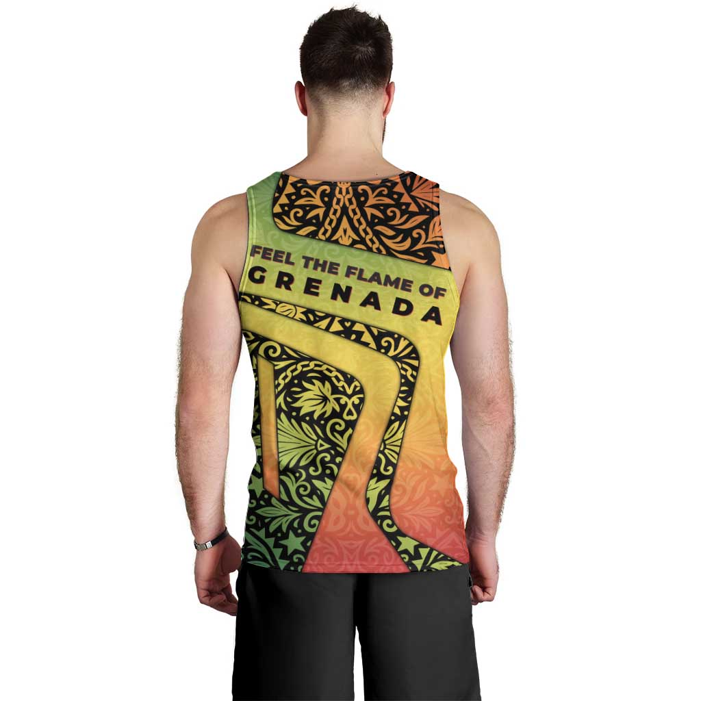 Grenada Tribal Floral Pattern Men Tank Top with Rasta Gradient and Flame Motto Design - Wonder Print Shop