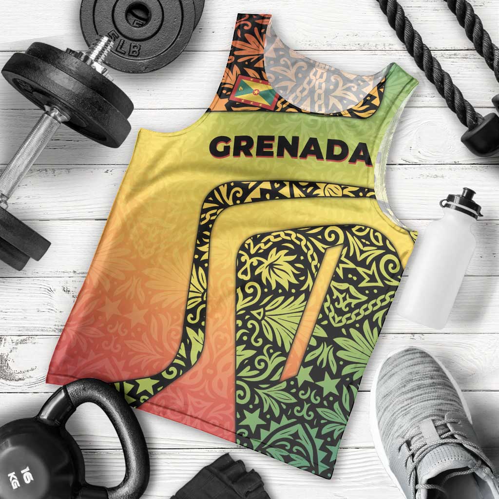 Grenada Tribal Floral Pattern Men Tank Top with Rasta Gradient and Flame Motto Design - Wonder Print Shop