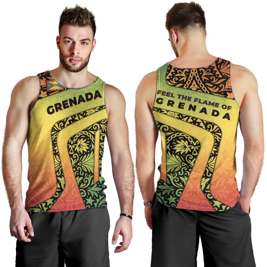 Grenada Tribal Floral Pattern Men Tank Top with Rasta Gradient and Flame Motto Design - Wonder Print Shop