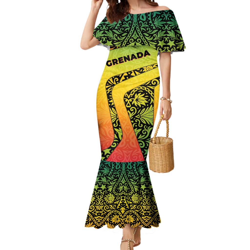 Grenada Tribal Floral Pattern Mermaid Dress with Rasta Gradient and Flame Motto Design - Wonder Print Shop