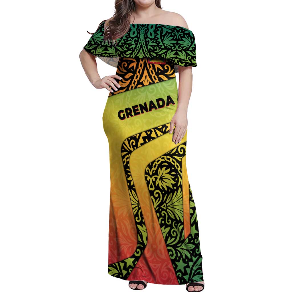 Grenada Tribal Floral Pattern Off Shoulder Maxi Dress with Rasta Gradient and Flame Motto Design - Wonder Print Shop