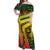 Grenada Tribal Floral Pattern Off Shoulder Maxi Dress with Rasta Gradient and Flame Motto Design - Wonder Print Shop