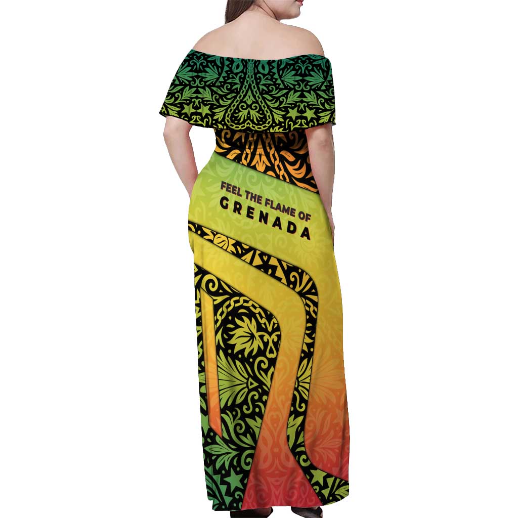 Grenada Tribal Floral Pattern Off Shoulder Maxi Dress with Rasta Gradient and Flame Motto Design - Wonder Print Shop
