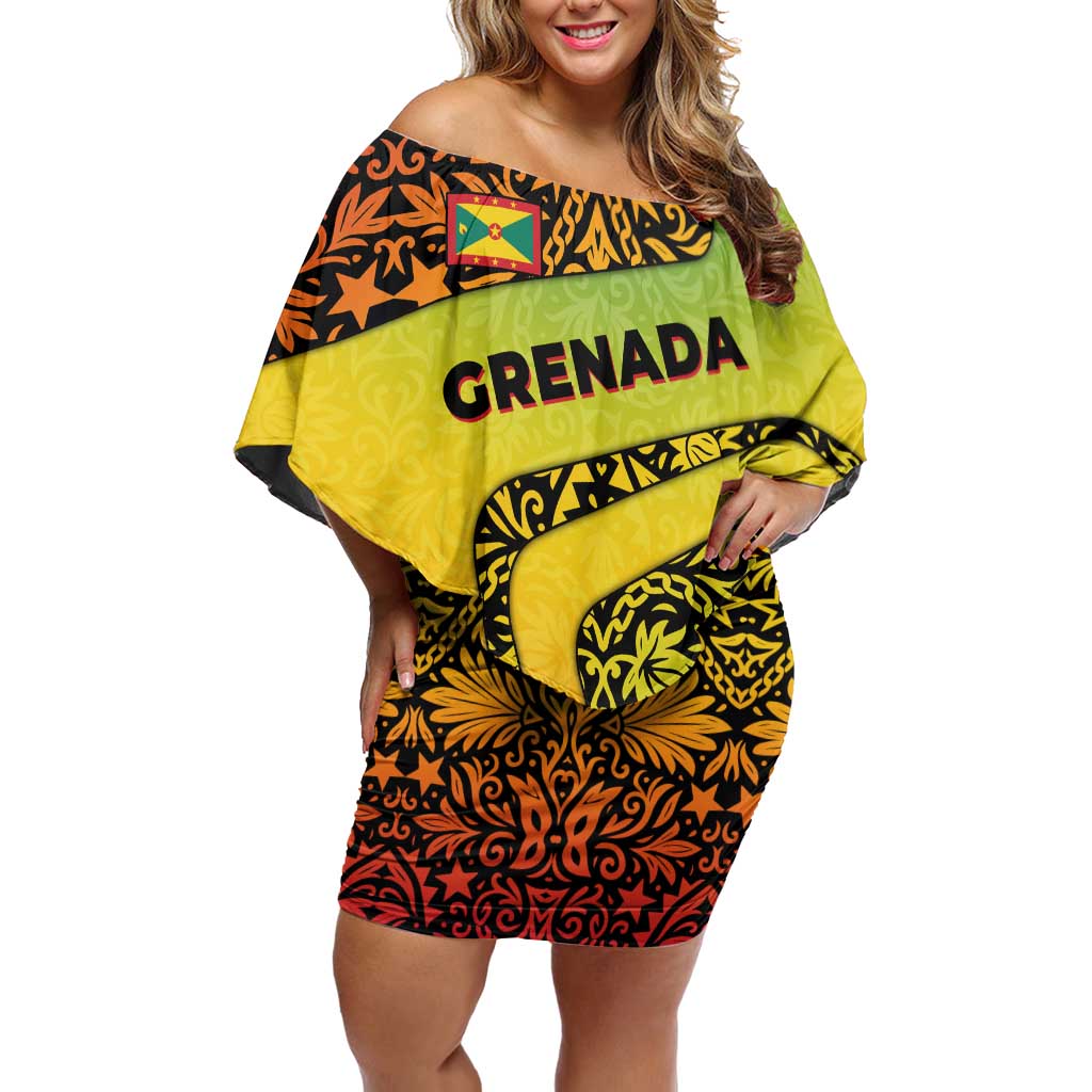 Grenada Tribal Floral Pattern Off Shoulder Short Dress with Rasta Gradient and Flame Motto Design - Wonder Print Shop