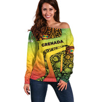 Grenada Tribal Floral Pattern Off Shoulder Sweater with Rasta Gradient and Flame Motto Design - Wonder Print Shop