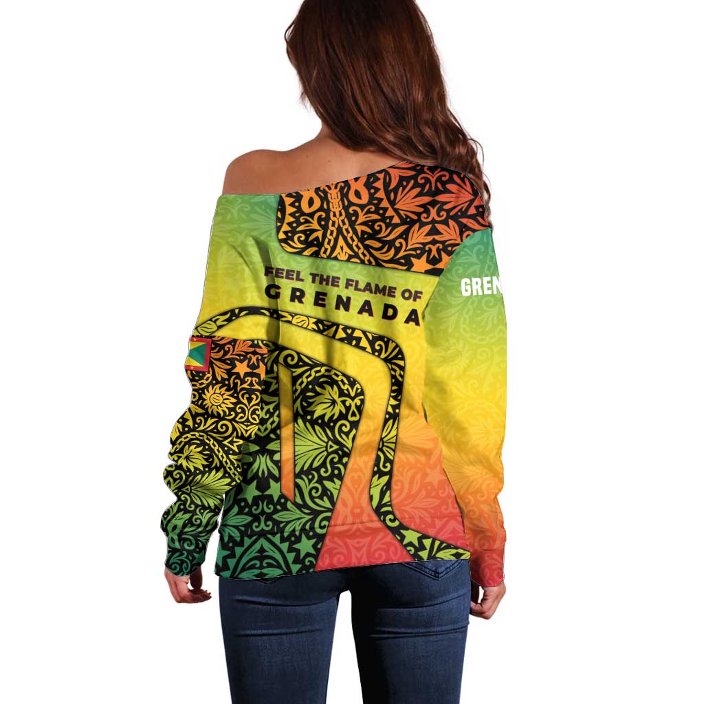 Grenada Tribal Floral Pattern Off Shoulder Sweater with Rasta Gradient and Flame Motto Design - Wonder Print Shop