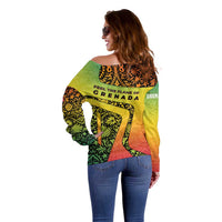 Grenada Tribal Floral Pattern Off Shoulder Sweater with Rasta Gradient and Flame Motto Design - Wonder Print Shop