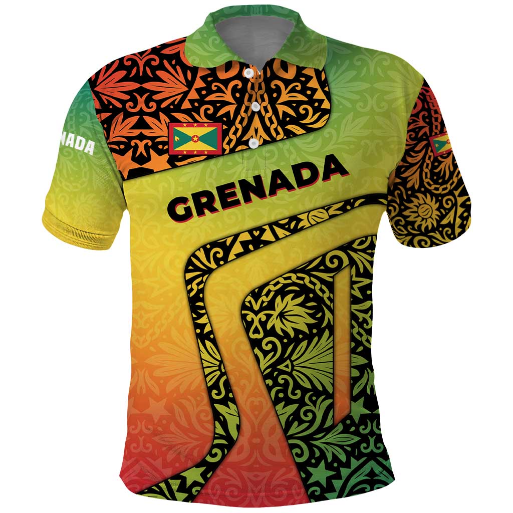 Grenada Tribal Floral Pattern Polo Shirt with Rasta Gradient and Flame Motto Design - Wonder Print Shop