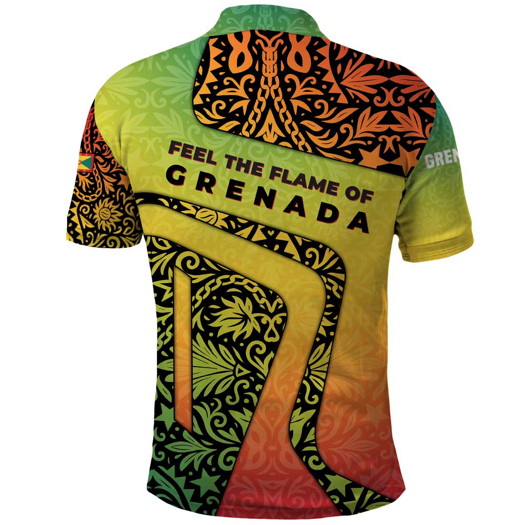 Grenada Tribal Floral Pattern Polo Shirt with Rasta Gradient and Flame Motto Design - Wonder Print Shop