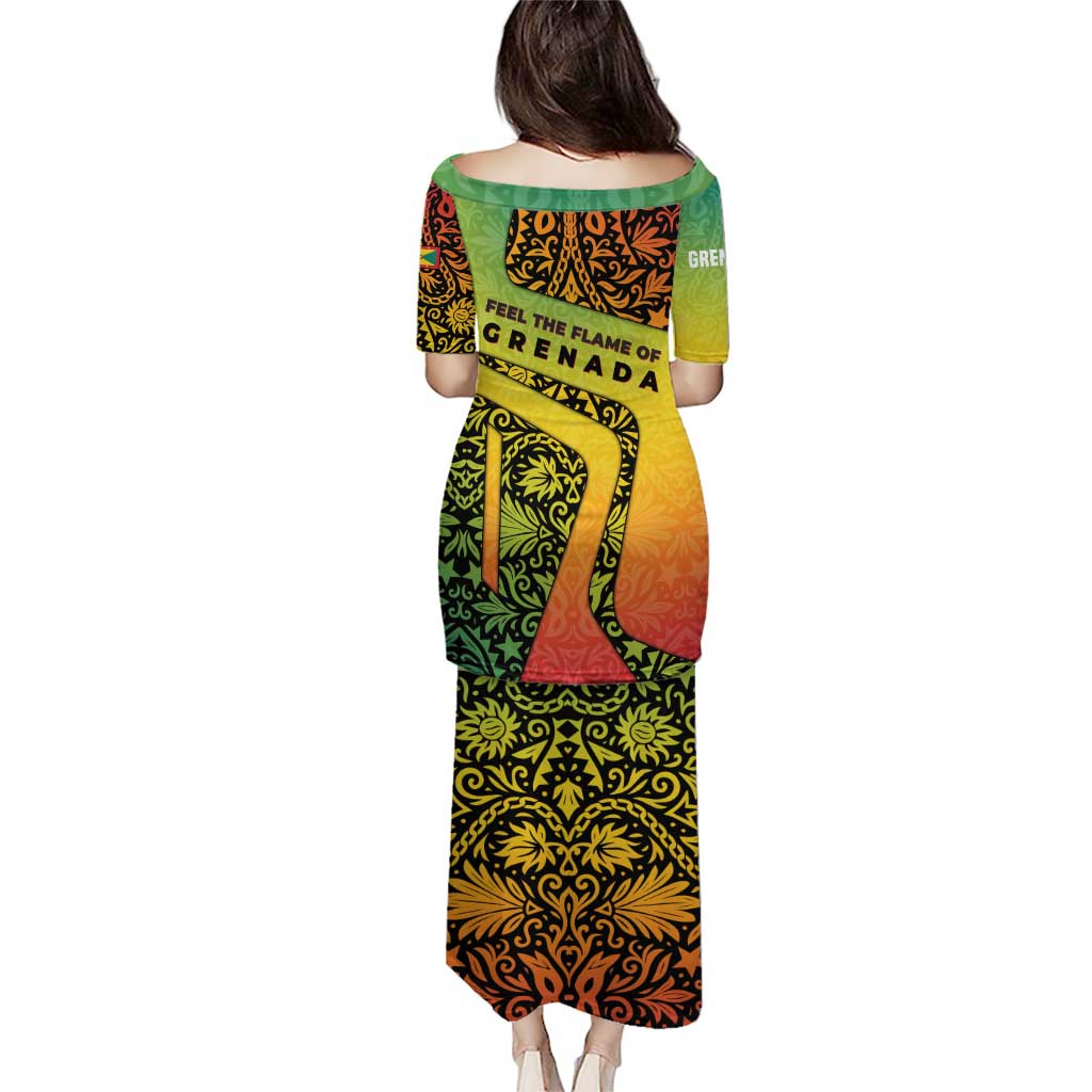 Grenada Tribal Floral Pattern Puletasi with Rasta Gradient and Flame Motto Design - Wonder Print Shop
