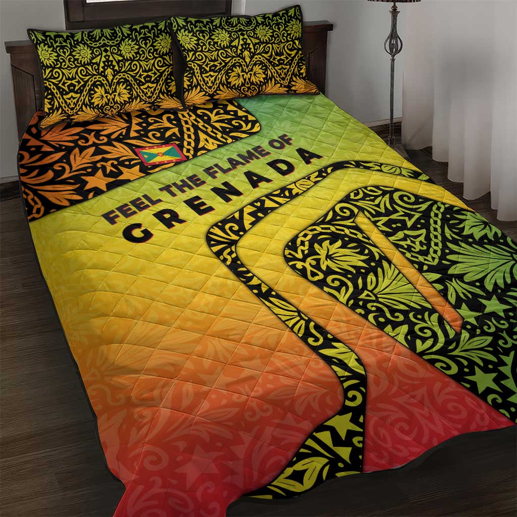 Grenada Tribal Floral Pattern Quilt Bed Set with Rasta Gradient and Flame Motto Design - Wonder Print Shop
