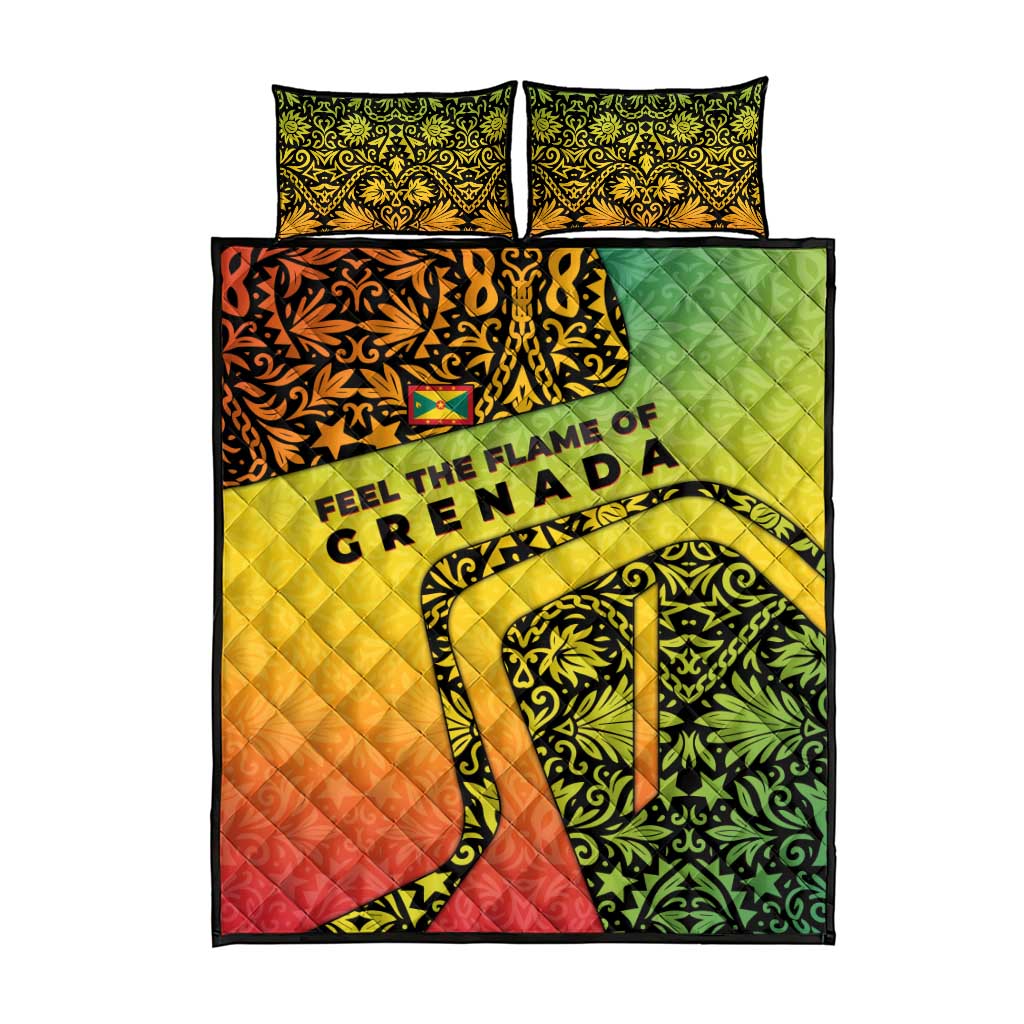 Grenada Tribal Floral Pattern Quilt Bed Set with Rasta Gradient and Flame Motto Design - Wonder Print Shop