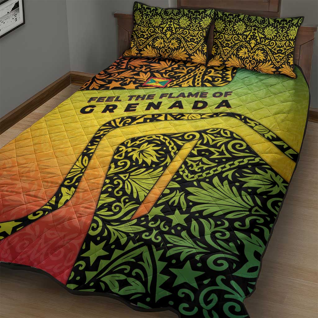 Grenada Tribal Floral Pattern Quilt Bed Set with Rasta Gradient and Flame Motto Design - Wonder Print Shop
