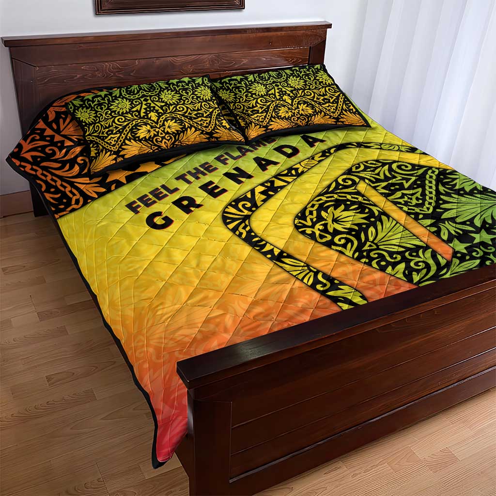 Grenada Tribal Floral Pattern Quilt Bed Set with Rasta Gradient and Flame Motto Design - Wonder Print Shop