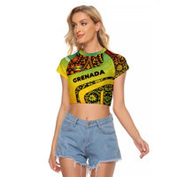 Grenada Tribal Floral Pattern Raglan Cropped T Shirt with Rasta Gradient and Flame Motto Design - Wonder Print Shop