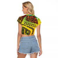Grenada Tribal Floral Pattern Raglan Cropped T Shirt with Rasta Gradient and Flame Motto Design - Wonder Print Shop