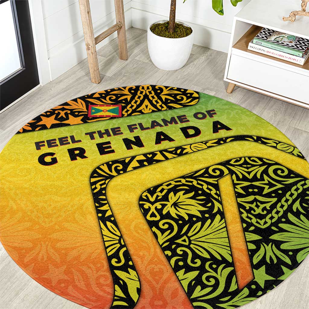 Grenada Tribal Floral Pattern Round Carpet with Rasta Gradient and Flame Motto Design - Wonder Print Shop