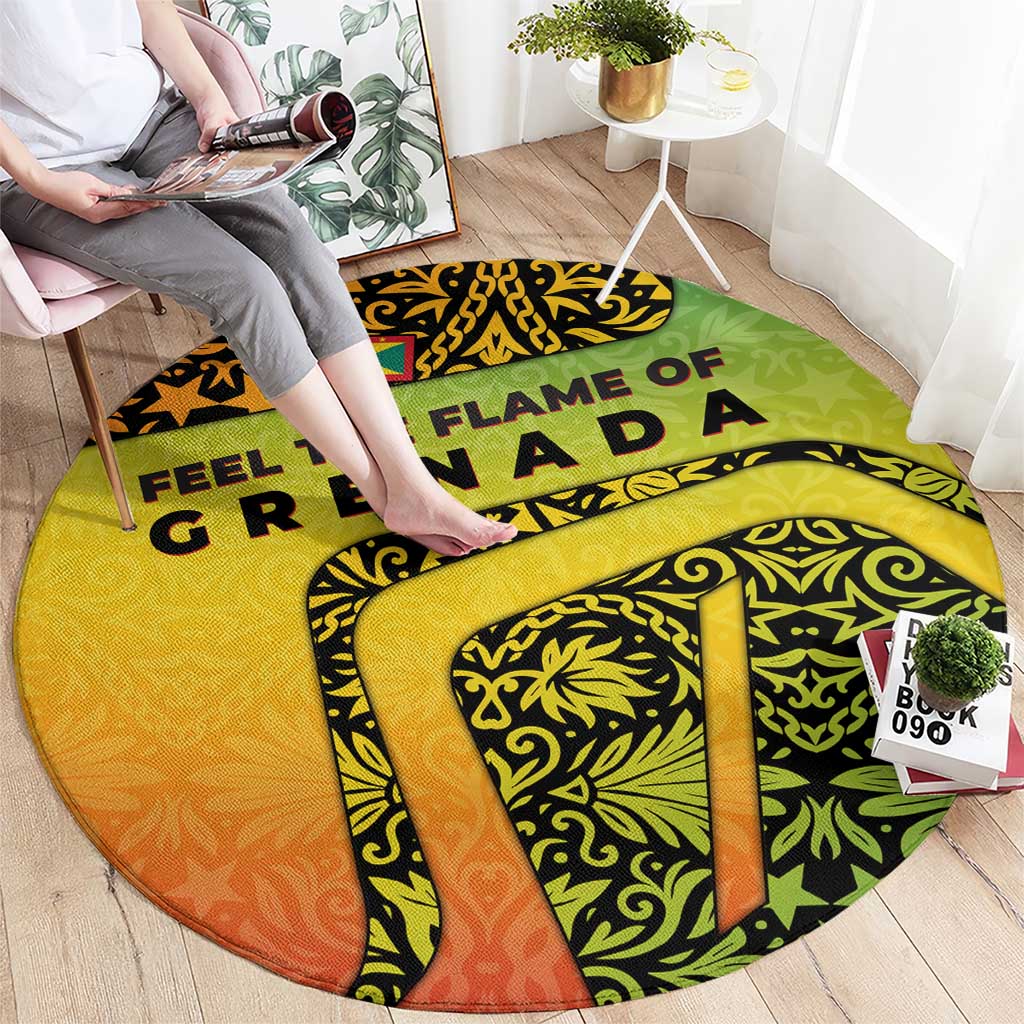 Grenada Tribal Floral Pattern Round Carpet with Rasta Gradient and Flame Motto Design - Wonder Print Shop