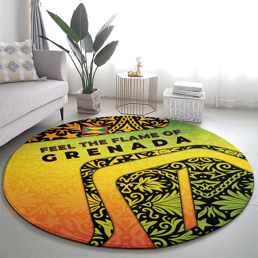 Grenada Tribal Floral Pattern Round Carpet with Rasta Gradient and Flame Motto Design - Wonder Print Shop