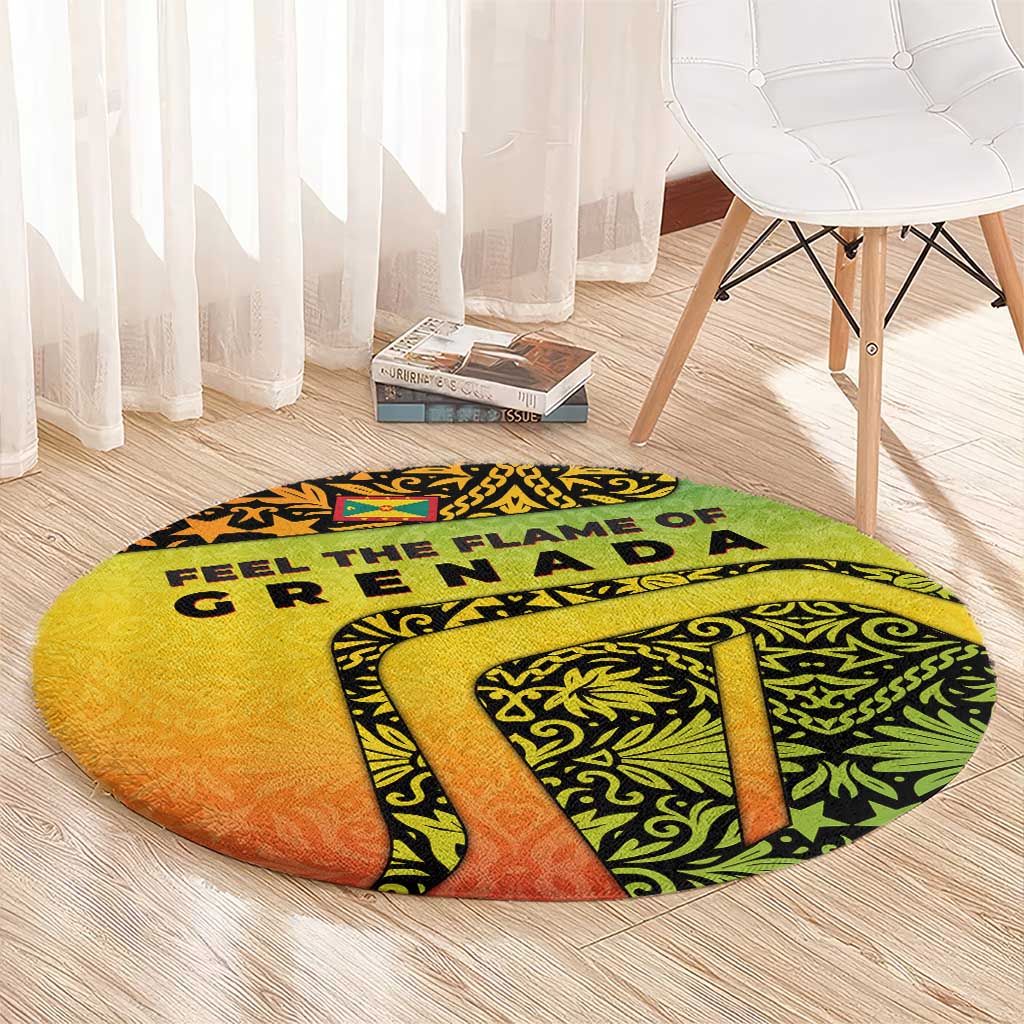 Grenada Tribal Floral Pattern Round Carpet with Rasta Gradient and Flame Motto Design - Wonder Print Shop
