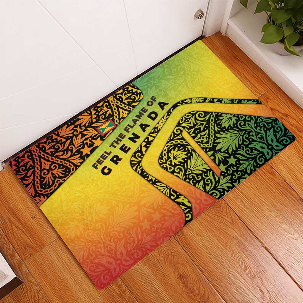 Grenada Tribal Floral Pattern Rubber Doormat with Rasta Gradient and Flame Motto Design - Wonder Print Shop