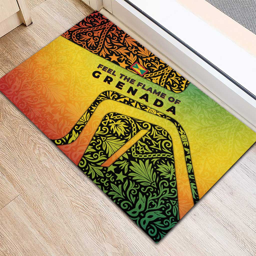 Grenada Tribal Floral Pattern Rubber Doormat with Rasta Gradient and Flame Motto Design - Wonder Print Shop