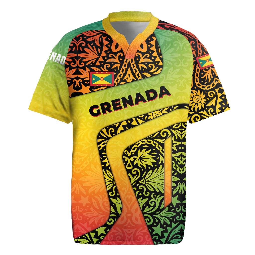 Grenada Tribal Floral Pattern Rugby Jersey with Rasta Gradient and Flame Motto Design - Wonder Print Shop