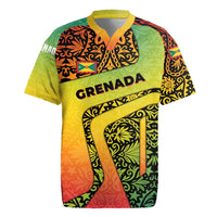 Grenada Tribal Floral Pattern Rugby Jersey with Rasta Gradient and Flame Motto Design - Wonder Print Shop