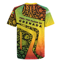 Grenada Tribal Floral Pattern Rugby Jersey with Rasta Gradient and Flame Motto Design - Wonder Print Shop