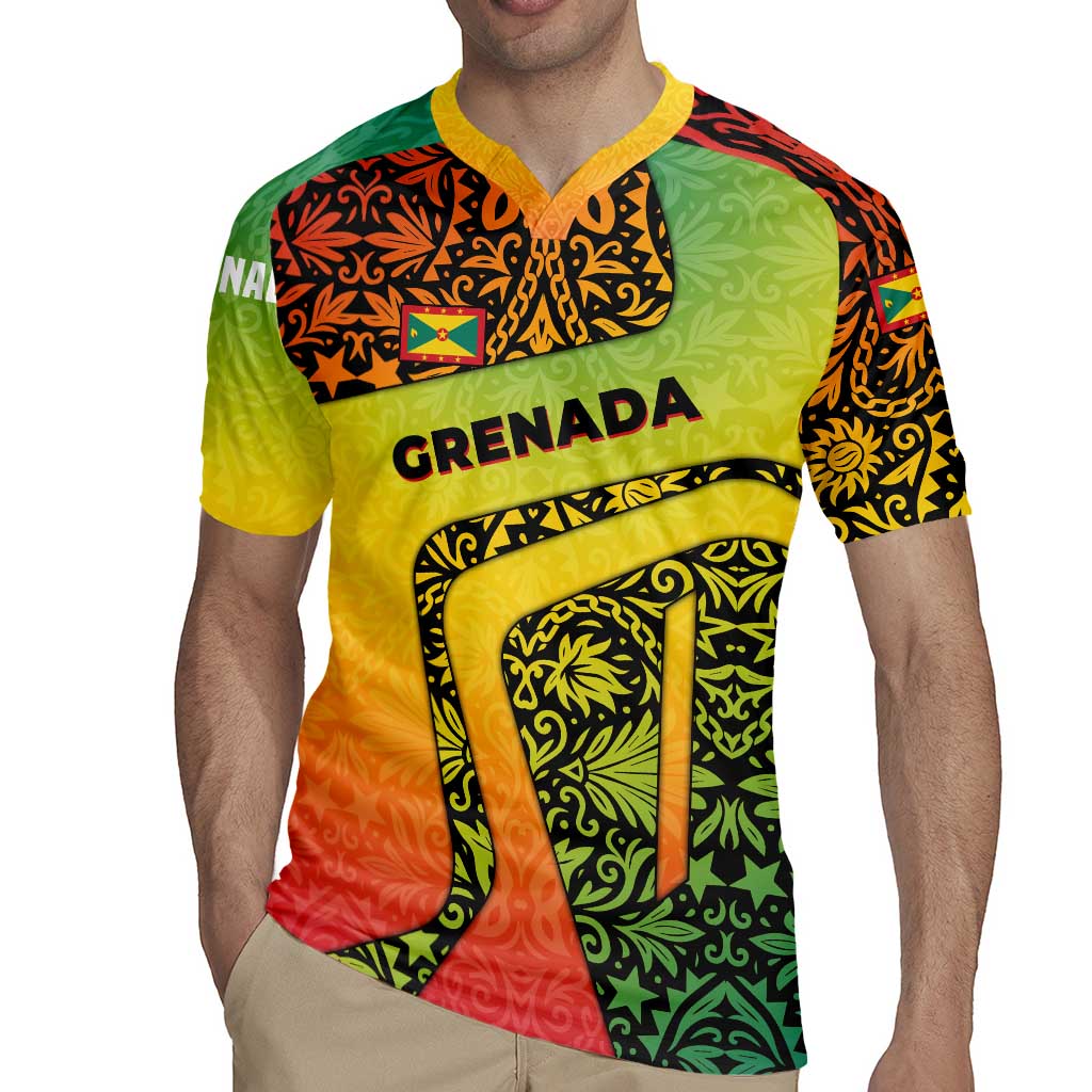 Grenada Tribal Floral Pattern Rugby Jersey with Rasta Gradient and Flame Motto Design - Wonder Print Shop